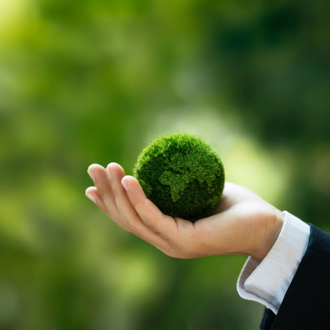 Hand mit grünem Globus Eine Hand hält grünen Globus