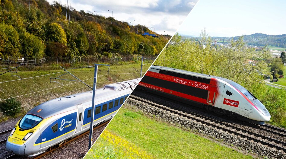 Eurostar & TGV Lyria | © Eurostar & TGV Lyria Collage aus einer Abbildung des Eurostar und einem Foto des TGV Lyria | © Eurostar & TGV Lyria