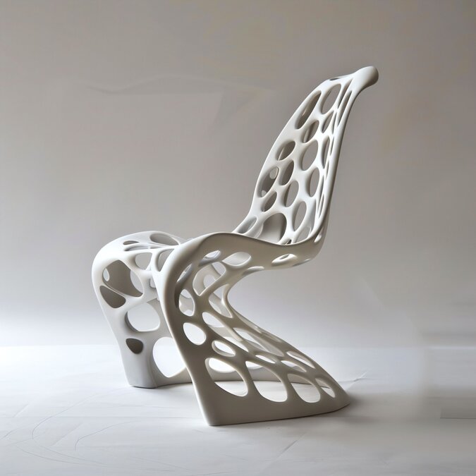 Design-Shopping | © Shutterstock 2462695971 Ein eleganter und futuristischer Stuhl im skulpturalen Design mit weißer, perforierter Struktur. | © Shutterstock 2462695971