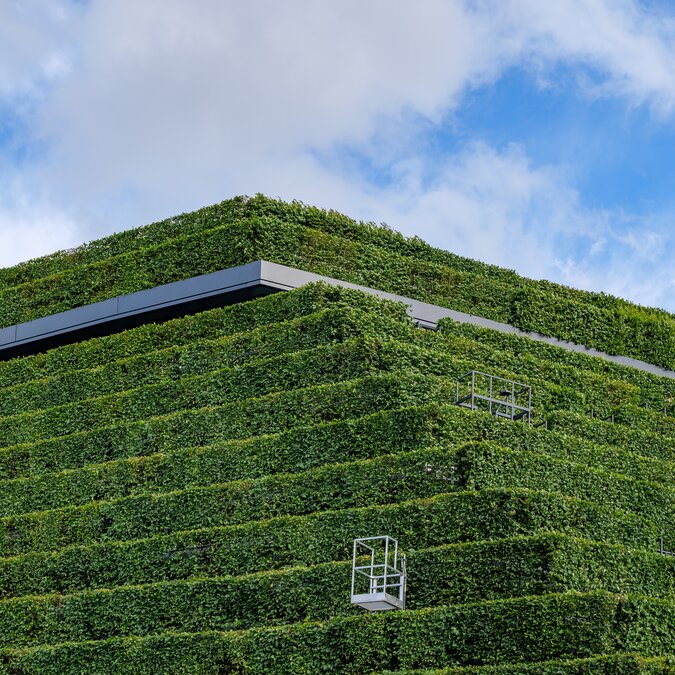 Kö-Bogen II | © Shutterstock 1758548354 Nahaufnahme der grünen nachhaltigen Fassade mit einem Schritt Pflanzenwand bedeckt das Gebäude bei Kö-Bogen 2 in Düsseldorf gegen blauem Himmel. Architektur, Geometrie, grüner Hintergrund | © Shutterstock 1758548354