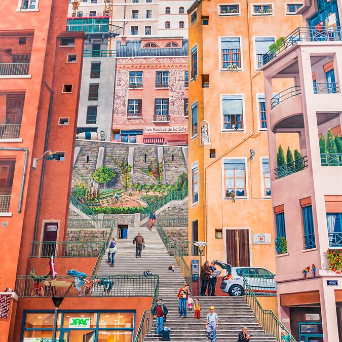Le mur peint des Canuts | © Shutterstock 511577326  "Mur des Canuts" (1987) im Viertel Croix-Rousse. Das große Wandgemälde ist ein realistisches Bild einer Lyon-Szene, Teil des "Cite de Creation" | © Shutterstock 511577326